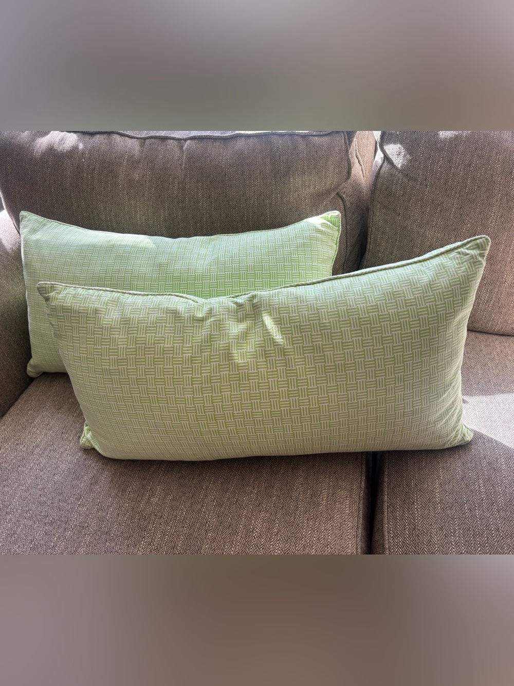 2 Ralph Lauren woven lumbar throw pillows lime green white basketweave pattern.